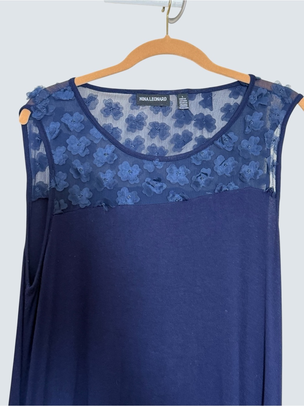 Nina Leonard Sleeveless Navy Midi Dress with Sheer Embellished Yoke size L